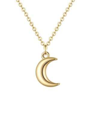 Guldkæde med et glat vedhæng i form af en halvmåne, der hænger i midten mod en hvid baggrund.