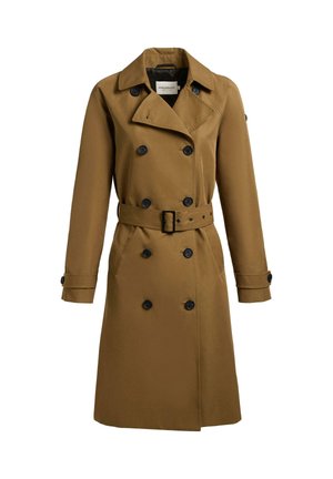 Brun dobbeltradet trenchcoat med sorte knapper, bælte i taljen, reverskrave med hak og manchetlommer, vist på hvid baggrund.