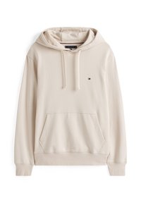 Beige huvtröja med kängurufickor, dragsko i huvan, ribbade ärmslut och nederkant, med en liten Tommy Hilfiger-logotyp på bröstet.