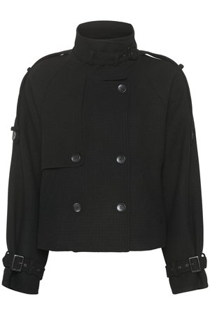 Black cropped jacket made of textured fabric, featuring a high collar, double-breasted design, and buckle accents on the sleeves.