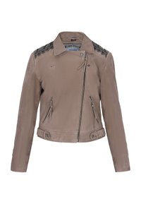 Beige læderjakke med asymmetrisk lynlås, to lynlåsede frontlommer og dekorativ sort detaljering på skulderen.