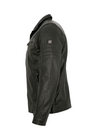 Schwarze Lederjacke mit einem Reißverschluss auf der Vorderseite, Seiten Taschen und Schulterdetails. Verfügt  über einen spitzen Kragen und ein schlankes Design.