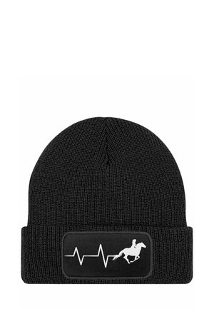 Black knit beanie with a ribbed texture, featuring a black patch displaying a white heartbeat line and a silhouette of a horse and rider.