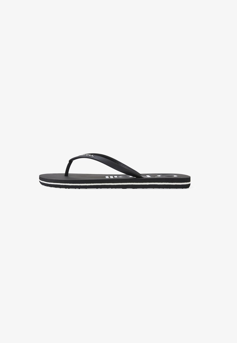 Sort flip-flop med en tynd rem, tekstureret gummisål og hvide striber på bunden. Har brandlogo på remmen.