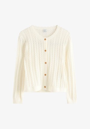 Kremowy, dziergany kardigan z długimi rękawami, falistymi krawędziami oraz pięcioma brązowymi guzikami z przodu.