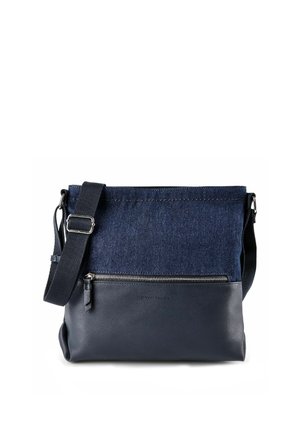 Borsa a tracolla blu scuro con tracolla regolabile, parte superiore in denim, parte inferiore in pelle e tasca frontale con cerniera.