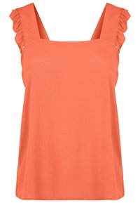 Korallfärgad ärmlös topp i mjukt material, med fyrkantig halsringning och volangdetaljer på axlarna, i en avslappnad passform och slät textur.