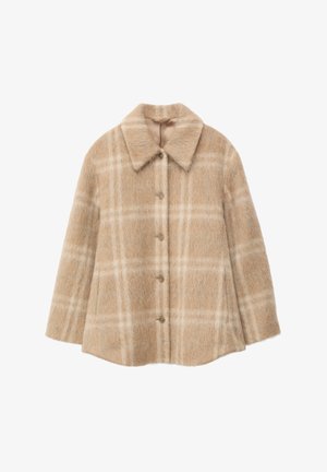 Tan plaid wool-blend coat with a soft texture, featuring a notched collar, front buttons, and a loose, boxy fit.