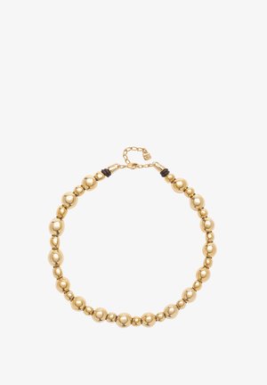 Collier de perles en or composé de perles sphériques polies de tailles variées. Comprend des accents en caoutchouc noir et un fermoir avec une chaîne de rallonge.