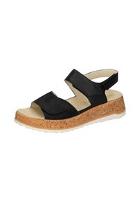 Zwarte leren sandalen met twee brede banden, een kurken wigzool en een witte rubberen loopzool. Open teenontwerp voor ventilatie.