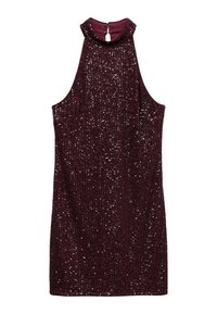 Burgundská šaty s halter krkom, so lesklou textúrou, priliehavým strihom a gombíkovým zapínaním na chrbte. Krátka dĺžka a hladká tkanina.