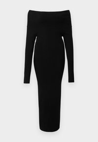 Rochie neagră, fără umeri, realizată dintr-un material tricotat; siluetă aderentă, mâneci lungi și hem de lungime până la genunchi. Textură netedă, design minimalist.