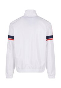 White jacket with a high collar, elastic waistband, and long sleeves. Features red and navy stripes on the shoulders. Smooth texture.