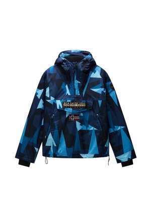Giacca con cappuccio a motivo geometrico blu con zip frontale, tasca con patta che mostra il logo Napapijri e toppa con la bandiera norvegese.