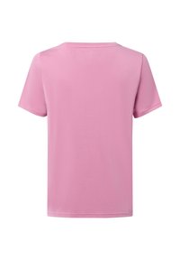 Roze t-shirt met korte mouwen, een ronde halslijn en een gladde textuur. De achterkant is eenvoudig en heeft geen patronen of extra details.