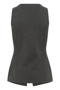 Top grigio senza maniche realizzato in un tessuto testurizzato con una silhouette aderente. Presenta dettagli delle cuciture sottili e un orlo leggermente svasato sul retro.