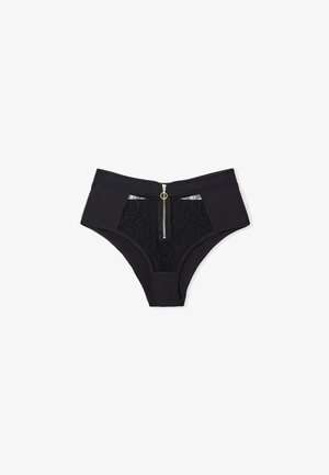 Black high-waisted underwear featuring a front zipper and lace panel detail, with a smooth fabric exterior and elastic waistband.