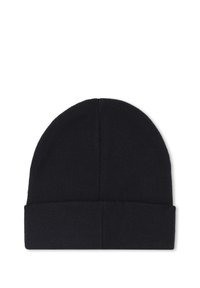 Zwarte gebreide beanie met een omgeslagen rand, afgeronde bovenkant en een gladde textuur. Eenskleurig zonder patronen of zichtbare hardwaredetails.