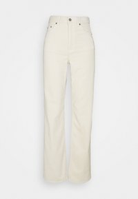 Cremfarbene weit geschnittene Jeans aus Twill-Stoff, mit hoher Taille, Vordertaschen und Metallknopfverschluss. Glatte Textur.