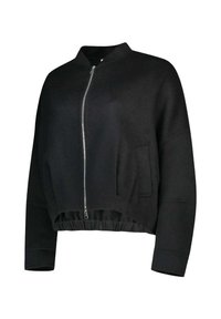 Giacca nera corta con zip frontale, colletto rotondo e orlo elasticizzato. Realizzata in tessuto morbido, presenta due tasche laterali e maniche lunghe.