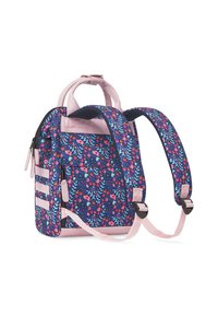 Rugtas met een bloemenpatroon in marineblauw en roze. Voorzien van verstelbare schouderbanden, handvat aan de bovenkant en ritscompartimenten. Duurzaam materiaal.