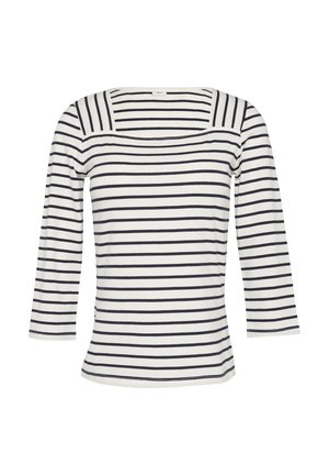Gestreepte longsleeve top met een vierkante halslijn. Gemaakt van zachte stof, met dunne marineblauwe strepen op een witte achtergrond.