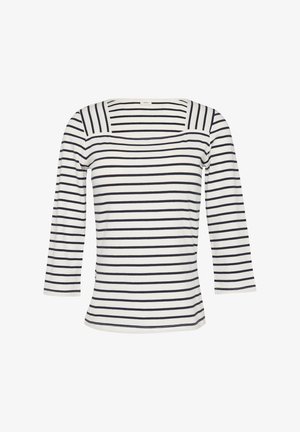 Top a maniche lunghe a righe con scollatura quadrata. Realizzato in tessuto morbido, presenta sottili righe blu navy su uno sfondo bianco.