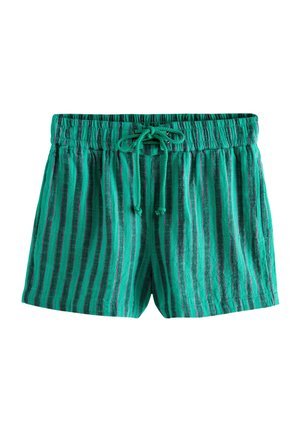 Groen-zwart gestreepte korte broek met verticale strepen, voorzien van een elastische tailleband en een gestrikte trekkoorden, gemaakt van een gestructureerde stof.