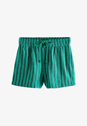 Grønne og sorte shorts med lodrette striber, elastisk talje og bundet snøre, lavet af tekstureret stof.