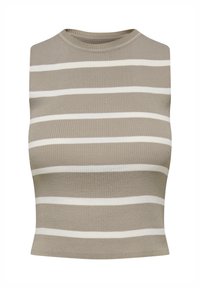 Top senza maniche in marrone chiaro con righe orizzontali bianche, caratterizzato da un colletto alto e una texture a coste.