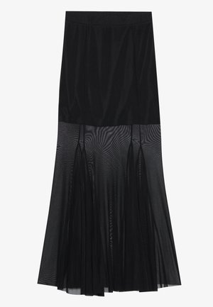 Black midi skirt with a fitted top in solid fabric and a sheer, pleated mesh lower section, creating a layered effect.