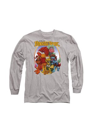 Gray long-sleeve T-shirt featuring a colorful "Fraggle Rock" graphic with five characters in playful poses, showcasing cartoon-style designs.