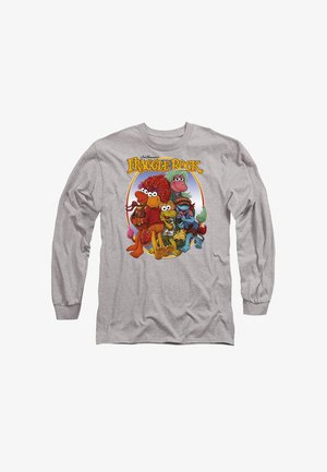 Gray long-sleeve T-shirt featuring a colorful "Fraggle Rock" graphic with five characters in playful poses, showcasing cartoon-style designs.