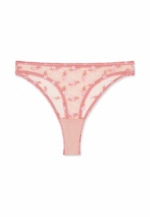 Rosa broderad g-string tillverkad av genomskinlig mesh med blommönster. Har en slät, solid midjeband och fåll med dekorerade kanter.