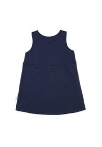 Abito senza maniche in cotone blu navy con scollo rotondo e gonna a campana. Cuciture piatte e orli discreti, con un piccolo etichetta del marchio sul lato.