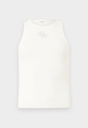 Débardeur blanc sans manches avec texture côtelée, encolure ronde et petit logo en strass argenté au centre de la poitrine.