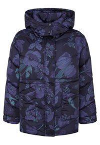 Giacca imbottita di colore viola scuro con un motivo floreale in tonalità più chiare. Presenta un colletto alto, bottoni a pressione e due tasche frontali.