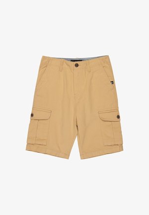 Pantaloni cargo kaki in cotone, con due tasche laterali e chiusura a bottone. Dettagli cuciti lungo le cuciture.