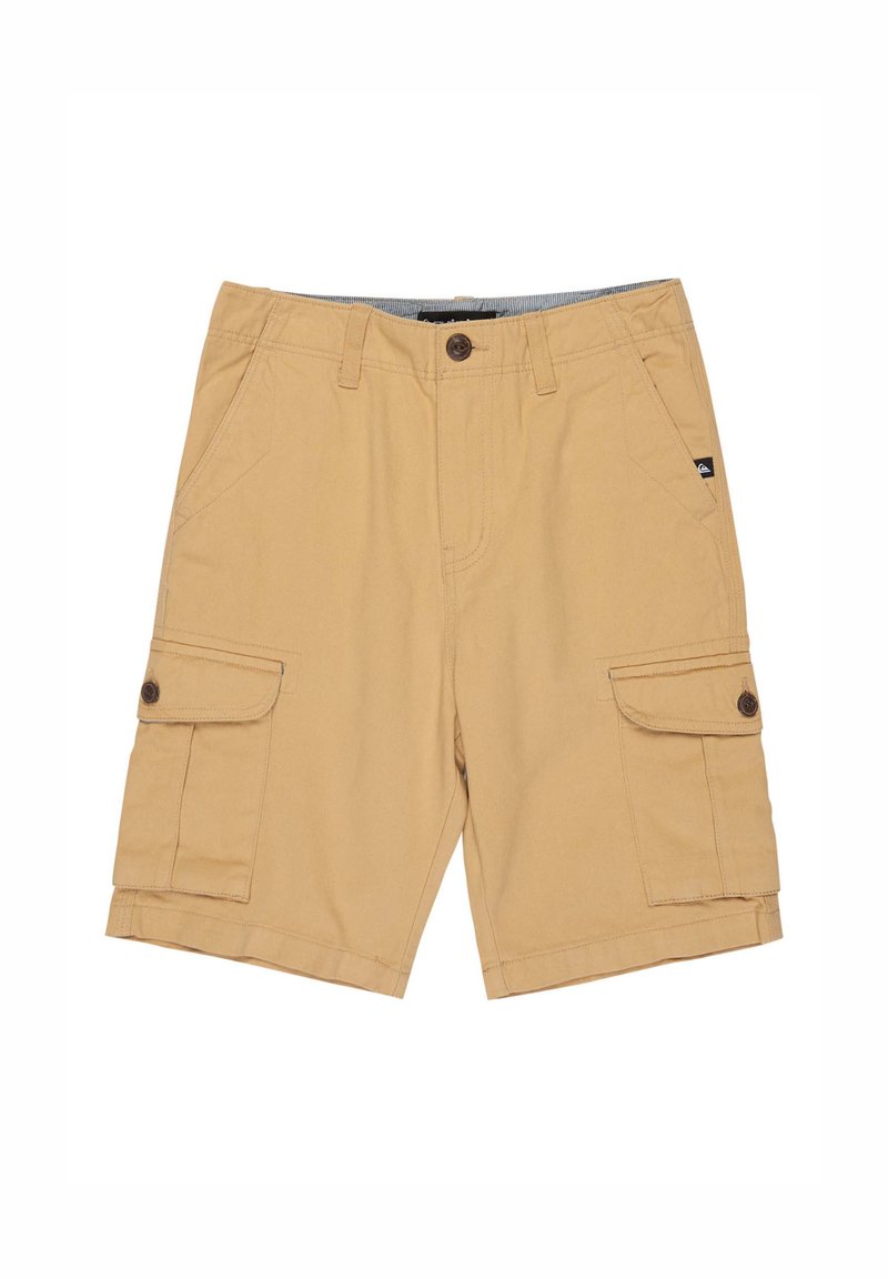 Kakifr färgade cargoshorts i bomull, med två sidofickor och knappstängning. Sömmarna har dekorativ sömnad.