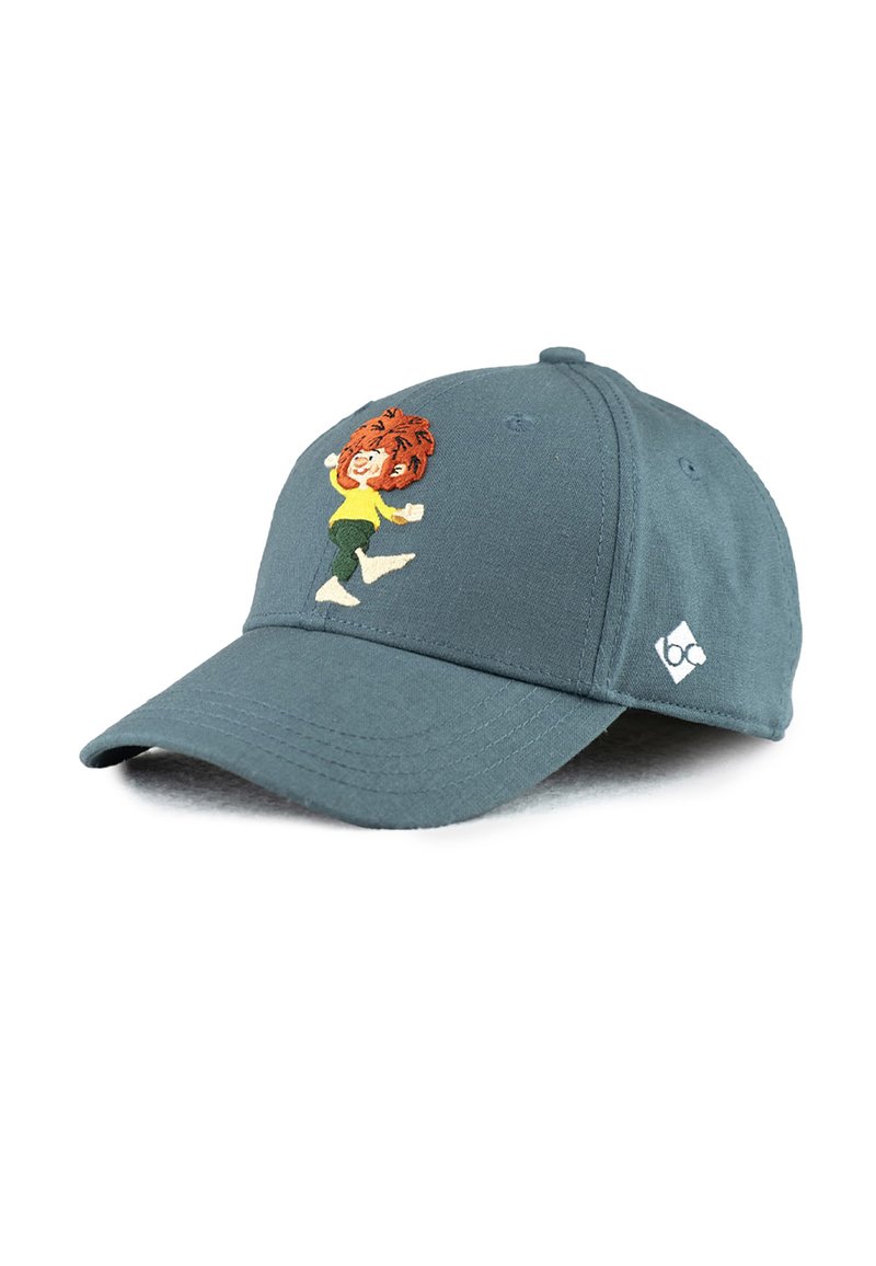 Cotton cap in dark blue featuring a colorful embroidered cartoon character and a white logo on the side. Curved brim, adjustable strap.