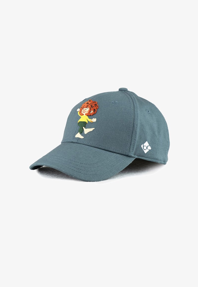 Cotton cap in dark blue featuring a colorful embroidered cartoon character and a white logo on the side. Curved brim, adjustable strap.