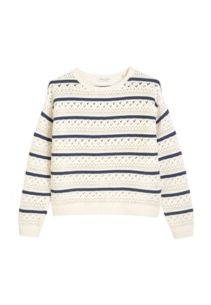 Pull crème avec des rayures horizontales bleu marine et un motif en maille texturée, avec manches longues et col rond.