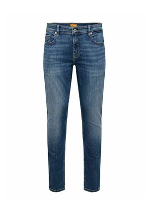Jean bleu slim fit avec poches avant, passants de ceinture, fermeture par bouton et détails subtilement délavés sur les cuisses et les genoux.