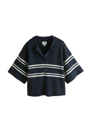 Navy blue short-sleeve shirt with white horizontal stripes across chest and sleeves, collar, and "self." text on chest and tag.