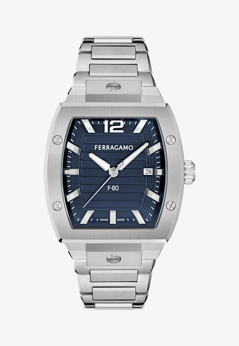 Hõbedane roostevabast terasest kell ruudukujulise sinise kellapinnaga, ribakujulise tekstuuriga, hõbedaste tundemarkerite ja kuupäeva näidikuga kell 3 juures. Bränd: Ferragamo.