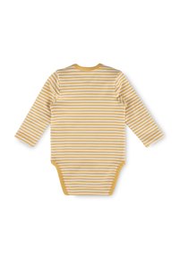 Yellow and white striped long-sleeve baby bodysuit with yellow trim around neck and leg openings, laid flat showing the back side.