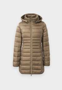 Gevoerde parka in taupe, met een ritssluiting aan de voorkant, capuchon en horizontale quilt. Gladde textuur met elastische manchetten en een langere pasvorm.