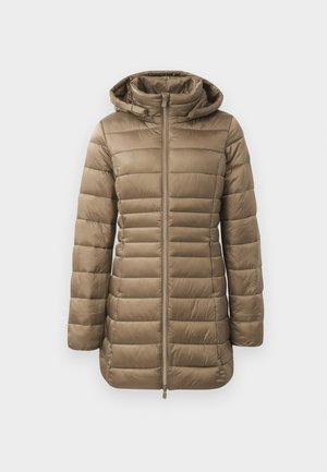 Parka imbottita in taupe, con chiusura a zip frontale, cappuccio e trapuntatura orizzontale. Tessuto liscio con polsini elasticizzati e un design più lungo.