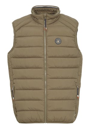 Gilet sans manches rembourré en vert olive. Comprend un col haut, une fermeture éclair sur le devant, deux poches latérales et un logo rond sur la poitrine.