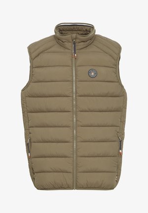 Polstret ærmeløs vest i olivengrøn. Har høj krave, lynlås foran, to sidelommer og et rundt logo på brystet.